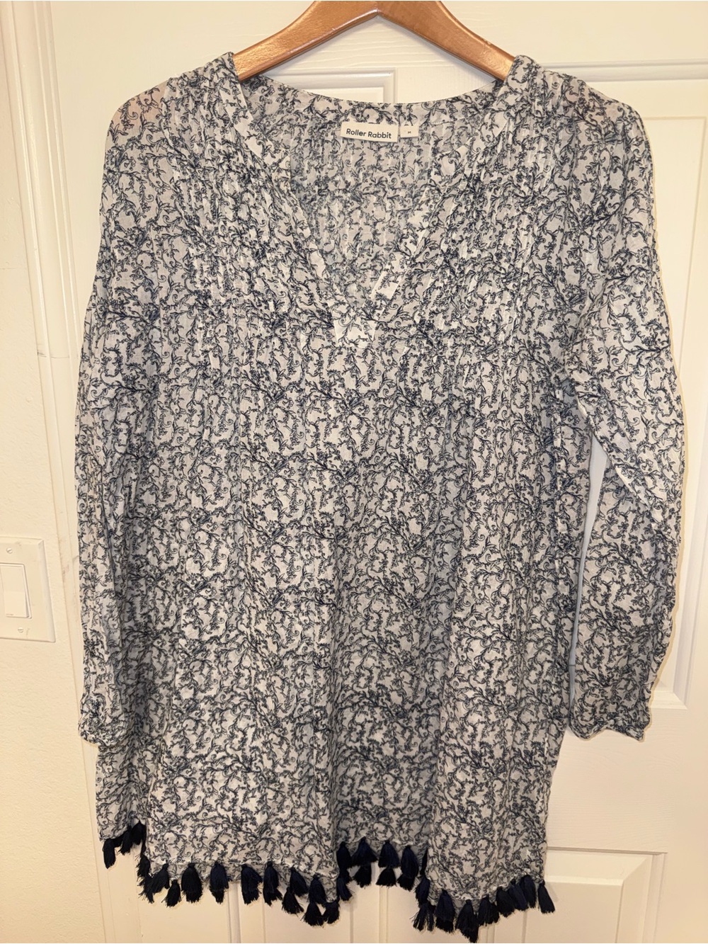 Roller Rabbit tassels long sleeve cotton cover up blue white tunic size medium